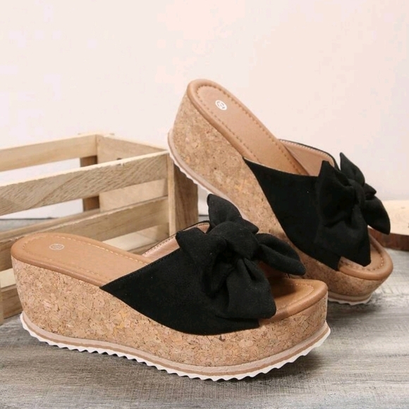 Summer Casual Fashionable Black Wedge Sandals With Bow Decoration, Platform - Picture 2 of 6